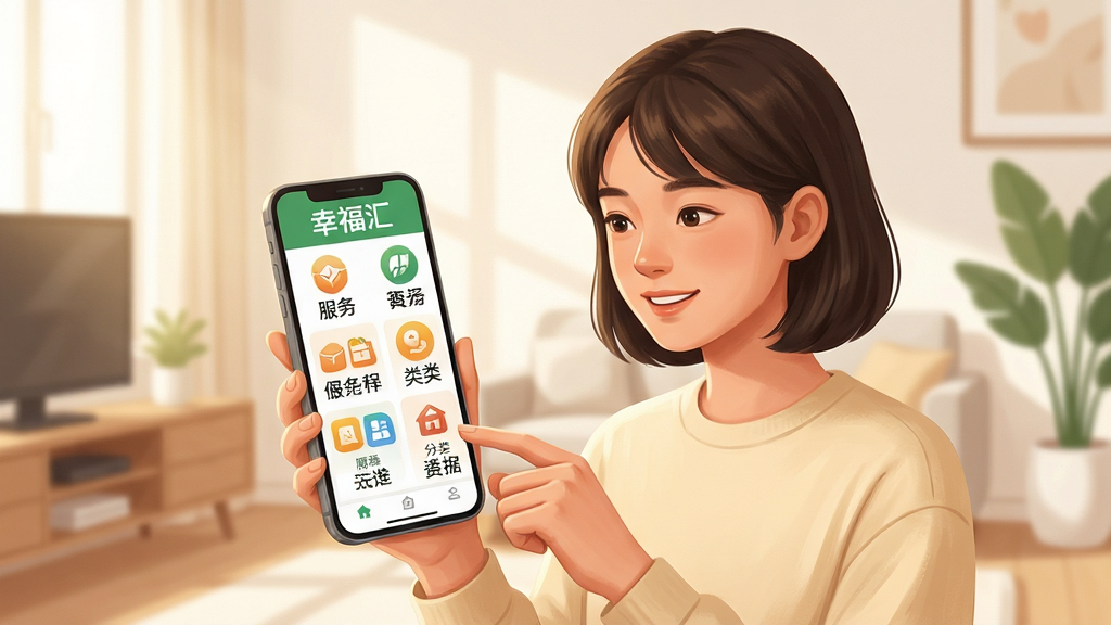 画面主体为一名年轻用户手持手机浏览“幸福汇”便民服务页面,屏幕中展示分类整齐的服务图标网格;布局为人物半身居中,背景为简约室内环境;排版突出手机屏幕内容,功能图标排列有序;风格为写实插画风,色调温暖明亮;细节包含清晰的服务分类标签与柔和光影;画质高清,画面干净,无多余元素