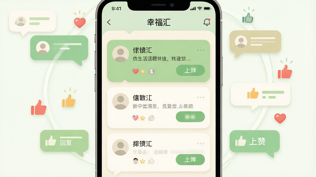 画面主体为“幸福汇”应用内的邻里互动界面,展示多条生活话题卡片与回复气泡;布局为手机屏幕特写居中,周围环绕对话气泡与点赞图标;排版突出互动内容卡片,信息层次分明;风格为清新扁平插画风,色调以浅绿与米白为主;细节包含圆角卡片、头像占位与简洁按钮;画质高清,画面干净,无多余元素