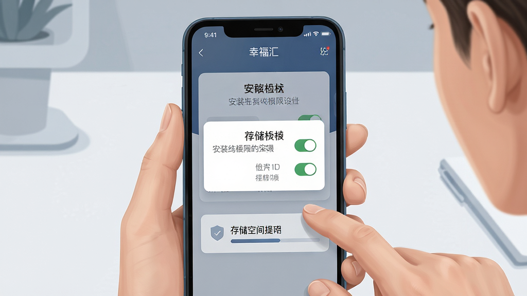 画面主体为一名用户在手机上操作“幸福汇”应用的安装与权限设置界面,屏幕展示权限授权弹窗与存储空间提示;布局为手机特写居中,背景为简约桌面环境;排版突出屏幕内容与操作手势;风格为写实科技插画风,色调以蓝灰为主;细节包含清晰的权限开关与进度条;画质高清,画面干净,无多余元素