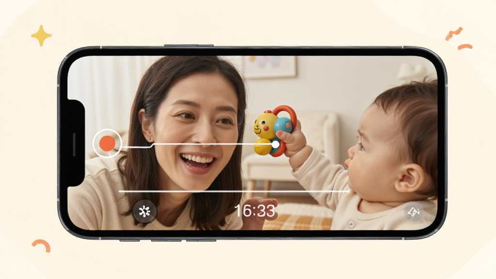 萌宝拍拍亲子合拍功能示意图,画面中一部手机屏幕显示前后双摄像头画面,前方是家长笑脸,后方是宝宝伸手拿玩具的瞬间,屏幕上有合拍引导线和倒计时数字,风格温馨活泼,布局清晰,画质明亮干净