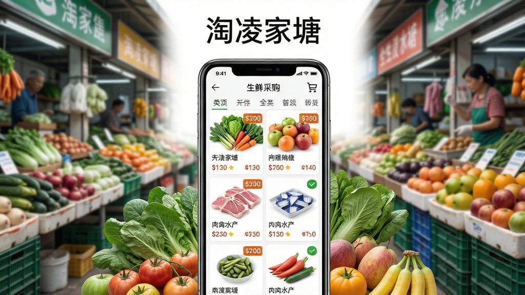 手机应用界面展示生鲜采购平台全貌,画面中央是一部竖屏手机,屏幕内呈现蔬菜水果肉禽水产等分类商品列表与价格标签,手机周围环绕新鲜蔬菜水果与批发市场摊位元素,整体布局为居中构图,上方留白放置软件名称“淘凌家塘”,风格为清新写实的电商视觉,细节包含价格标签、购物车图标、分类导航栏,画质清晰干净,无多余装饰元素