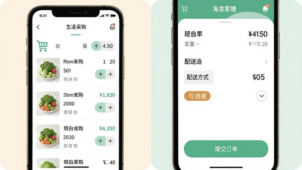 生鲜采购下单流程界面展示,画面为手机屏幕内的购物车与结算页面,包含商品清单、数量调整按钮、配送方式选项与提交订单按钮,背景为柔和浅色,风格为清爽的移动端UI设计,细节包含购物车图标、价格合计、配送与自提标签,画质干净无杂乱元素,画面中体现“淘凌家塘”应用名称
