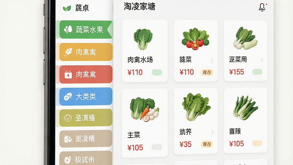 生鲜电商应用分类页面展示,画面主体为手机屏幕内的多级分类菜单,左侧为蔬菜水果肉禽水产等大类标签,右侧为具体品种卡片与价格信息,背景为浅色简洁布局,风格为扁平化电商设计,细节包含分类图标、价格数字、库存状态标识,画质干净清晰,画面中带有“淘凌家塘”文字标识