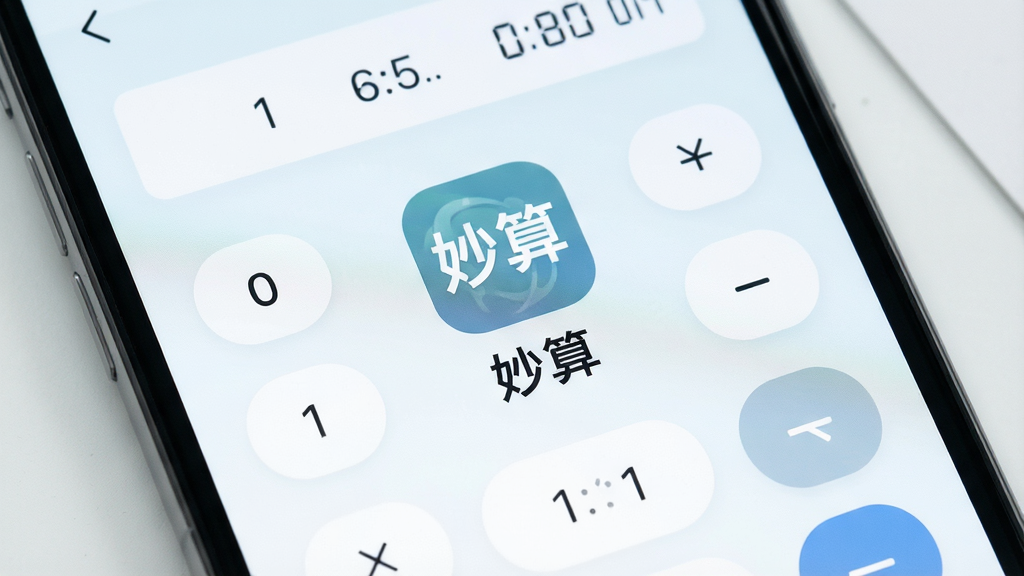 画面展示手机应用主界面特写,界面以浅色为底,中央为“妙算”应用图标与名称,周围环绕简洁的计算按键与结果展示框,布局规整,风格极简清新,细节干净,画质高清,无杂乱装饰
