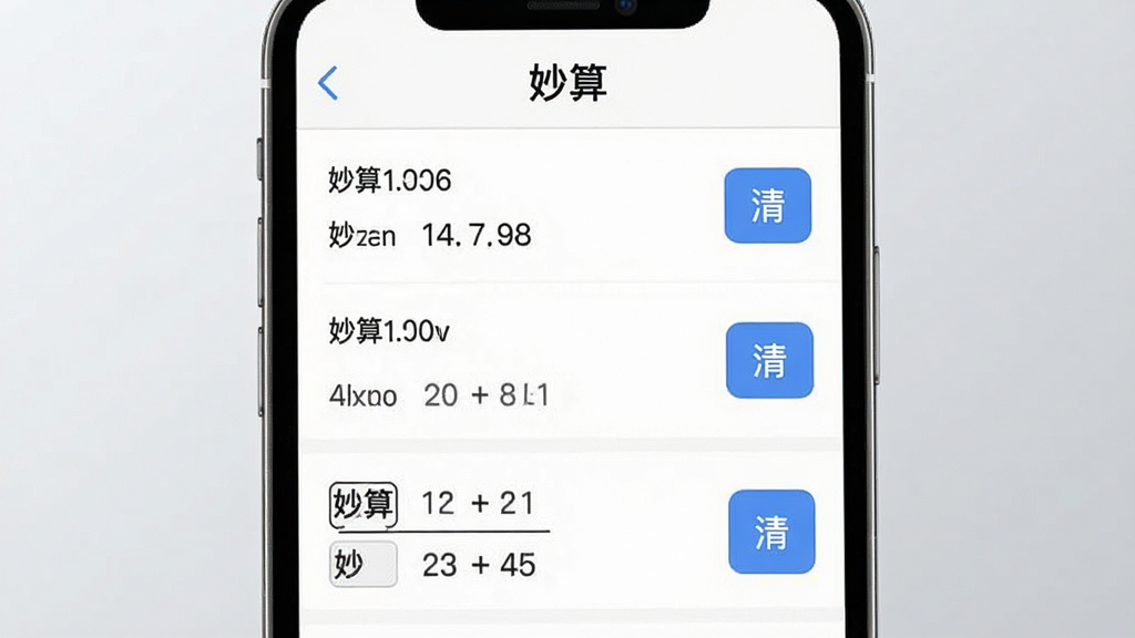 画面展示手机屏幕上的历史记录列表界面,顶部标注“妙算”名称,列表内为多条计算记录条目,右侧配有清理按钮,背景为浅灰渐变,风格简洁商务,布局清晰,画质干净,无多余元素