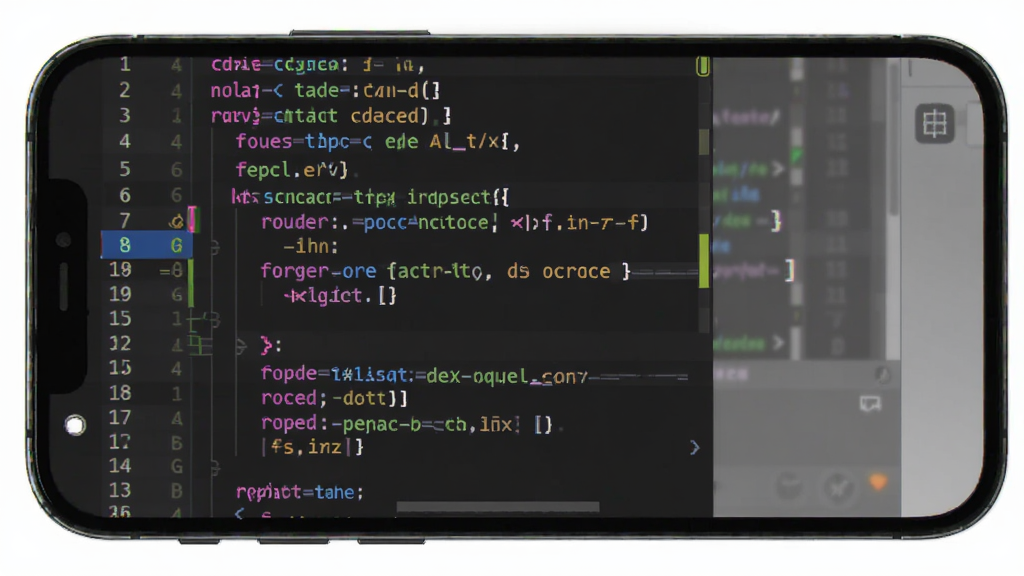 CodeAssist软件界面截图风格图片,主体是手机屏幕显示彩色语法高亮的代码,布局为竖向手机界面,排版展现代码编辑区与行号,风格为现代科技感,细节包含代码关键词高亮、行号、缩进线,画质清晰,干净无多余元素