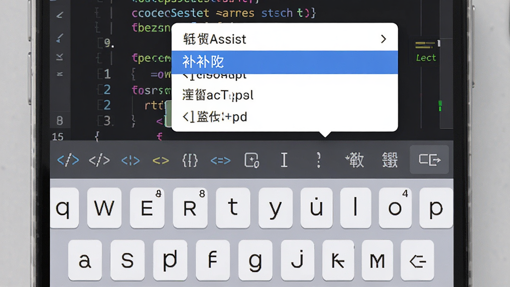 CodeAssist软件功能展示图,画面主体为手机屏幕特写,屏幕下半部分显示虚拟键盘与代码快捷符号栏,上半部分为代码编辑区并弹出代码补全提示框,布局紧凑合理,风格为扁平化科技风,细节清晰展示补全列表与符号按键,画质高清,干净无杂乱元素