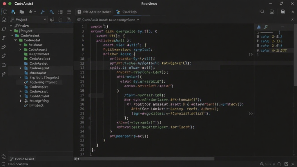 一张展示CodeAssist软件主界面的图片,画面中央是深色主题的代码编辑区域,左侧显示项目文件树结构,右侧是代码编辑窗口,代码带有彩色语法高亮,顶部有菜单栏和标签页,整体布局清晰,风格为现代简约的科技感UI设计,细节丰富,画质清晰干净,无多余元素