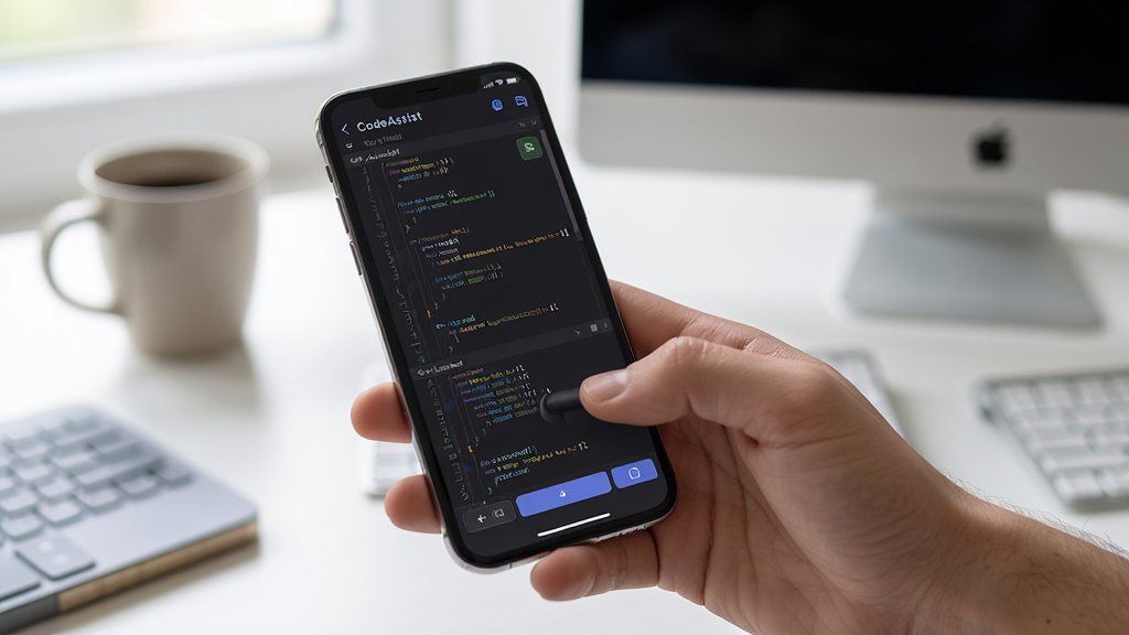 CodeAssist软件使用场景图,画面主体为一只手拿着手机,手机屏幕显示CodeAssist代码编辑界面,背景为简洁的书桌环境,布局突出手机屏幕内容,风格为写实生活化,细节展现手机界面代码与操作手势,画质清晰,干净无多余杂物