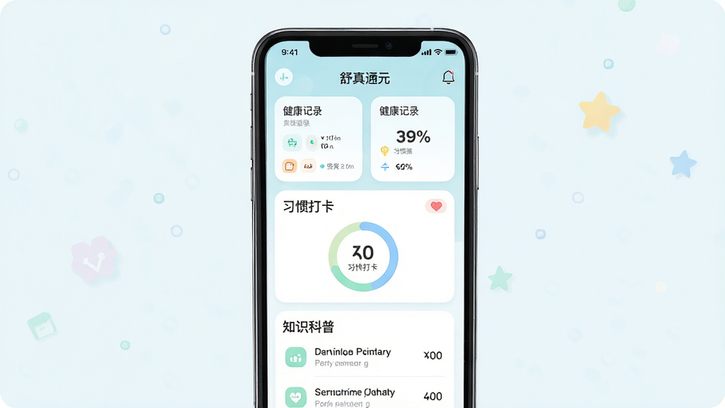 手机应用界面展示图,画面中央是一部竖屏智能手机,屏幕内呈现舒真通元应用主页面,包含健康记录卡片、习惯打卡圆环与知识科普列表三个区域,布局简洁清晰,排版上下分层,风格为清爽浅色系扁平化设计,细节上按钮圆角柔和、图标线条纤细,画质干净高清,无多余装饰元素