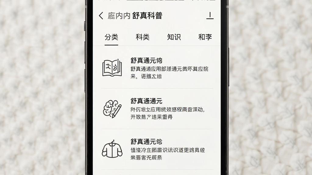 舒真通元应用内知识科普页面展示,手机屏幕中呈现分类标签与短文列表,每篇短文配有简洁线性图标,布局为顶部标签栏加下方纵向列表,风格为清爽素雅阅读风,细节上文字层级分明、行距宽松,画质干净高清,画面无杂乱装饰