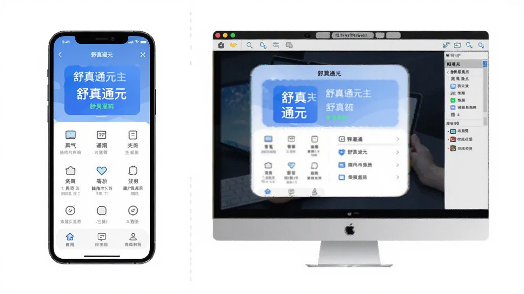 手机与电脑模拟器双端使用场景示意图,画面左侧为竖屏手机展示舒真通元主界面,右侧为电脑屏幕中的模拟器窗口运行同一应用,布局左右并列对比,风格为简洁科技感扁平插画,细节上界面元素清晰可辨、背景干净留白,画质高清无多余元素