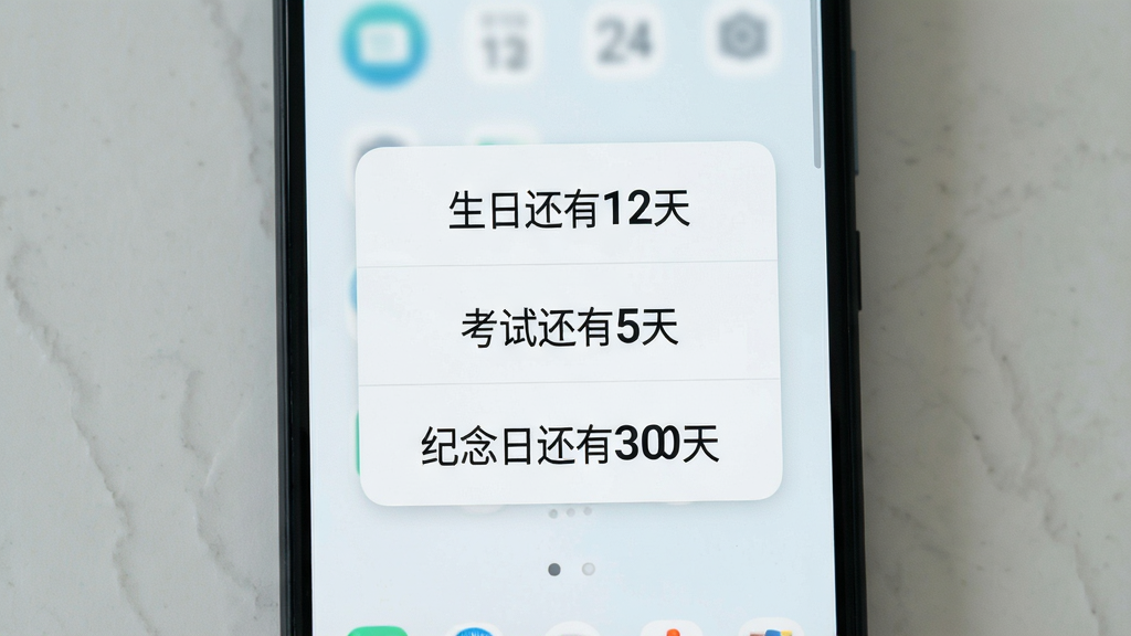 一张安卓手机桌面截图,画面中央放置着倒数纪念日小组件,小组件以卡片形式展示三个倒计时事件,分别写着“生日还有12天”“考试还有5天”“纪念日还有30天”,背景是简洁的浅色手机壁纸,整体风格清新明亮,排版干净整齐,细节清晰,画质高清,无多余元素