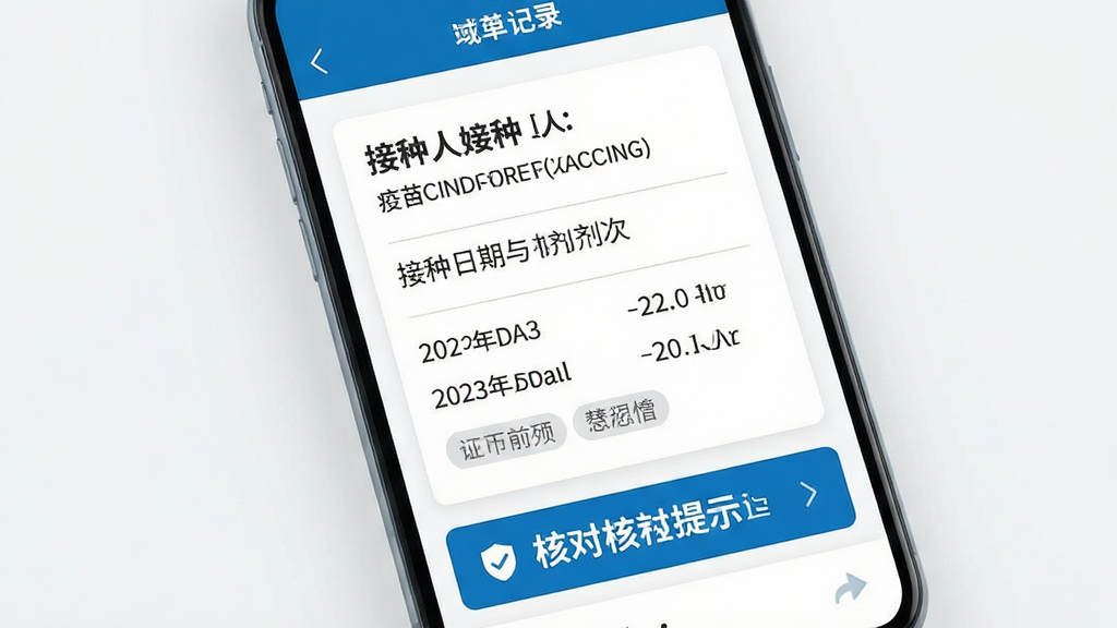 手机屏幕特写,展示疫苗接种记录详情页面,页面上方显示接种人姓名和疫苗名称,中间是接种日期与剂次信息,底部有一个醒目的核对提示条,界面采用白色背景搭配蓝色标题栏,布局为纵向卡片式,风格为现代扁平化设计,细节上带有细线分隔和浅灰色标签,画质高清,画面干净,无多余元素