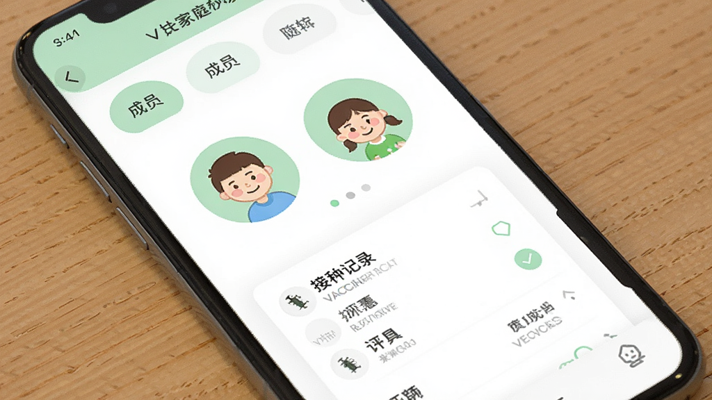 一部手机放置在木质桌面上,屏幕显示疫苗接种记录应用中家庭成员切换界面,画面中有两个卡通风格的人物头像图标分别代表成人和儿童,界面配色为白色与浅绿色搭配,布局为上下结构,上方是成员标签栏,下方是接种记录摘要卡片,风格清新简约,画质清晰,画面干净,无多余元素