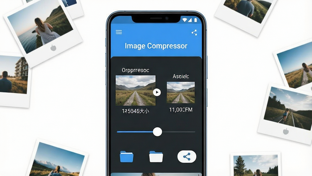 һ��չʾ�ֻ�ͼƬѹ����������ĳ���ͼ��������һ��������׿�ֻ�����Ļ������ʾ Image Compressor ��ѹ��ǰ��ԱȻ�����棬���ԭͼ��ע�ļ���С���Ҳ�ѹ����ͼƬ��ע��С���������Ϊ�ֻ����С��������ײ���׺����ɢ�����Ƭ����ͼ���Ű�����չʾ�������ƺ�ѹ�������������Ϊ�ִ���ƽ��UI��ƣ���ɫ��ˬ���ף�ϸ�ڰ���ѹ��������ֵ���ļ���ͼ�ꡢ������ť�����ʸ��塢�ɾ����޶���Ԫ��