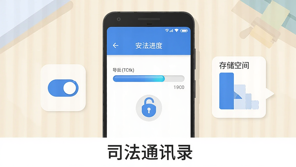 画面主体为一部安卓手机屏幕显示安装进度条,旁边有权限开关图标和存储空间示意图,背景为浅色桌面,整体为扁平化教程插画风格,色调以蓝白为主,布局手机居中,细节包括进度条高光和权限锁图标,画质清晰干净,无多余元素,图片下方文字“司法通讯录”