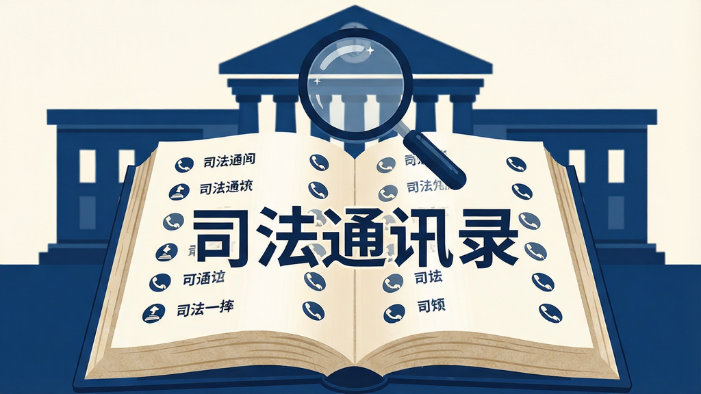 画面主体为一本翻开的厚重通讯录,书页上排列着整齐的机构名称与电话图标,通讯录上方悬浮一个放大镜,背景是简洁的法院建筑轮廓剪影,整体采用扁平化插画风格,色调以深蓝和暖白为主,布局居中对称,细节包括书页纹理和图标高光,画质清晰干净,无多余装饰元素,图片中央醒目文字“司法通讯录”