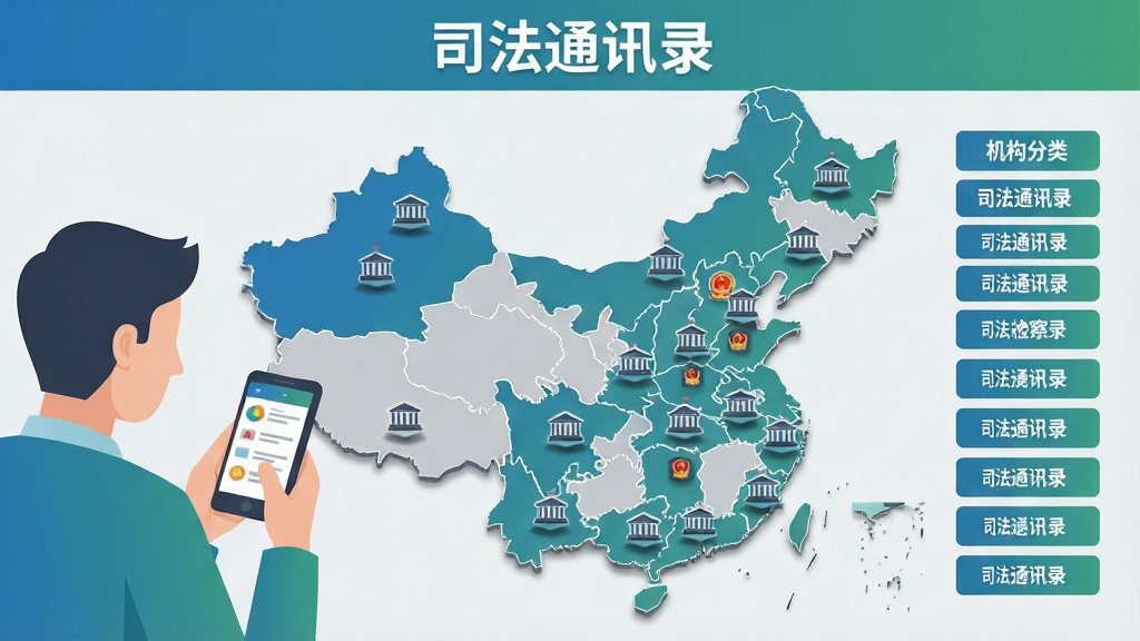 画面主体为中国地图轮廓,地图上分布着多个法院、检察院建筑小图标,地图右侧竖排展示机构分类列表,左侧有一位用户手持手机查看信息,整体为矢量扁平风格,色调以蓝绿渐变和浅灰为主,布局左人右图,细节包括地图省份分割线和图标阴影,画质干净清晰,无杂乱元素,图片上方文字“司法通讯录”