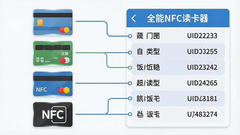 一张信息图表风格画面,左侧排列着门禁卡、公交卡、饭卡、NFC标签四种卡片图标,右侧对应显示