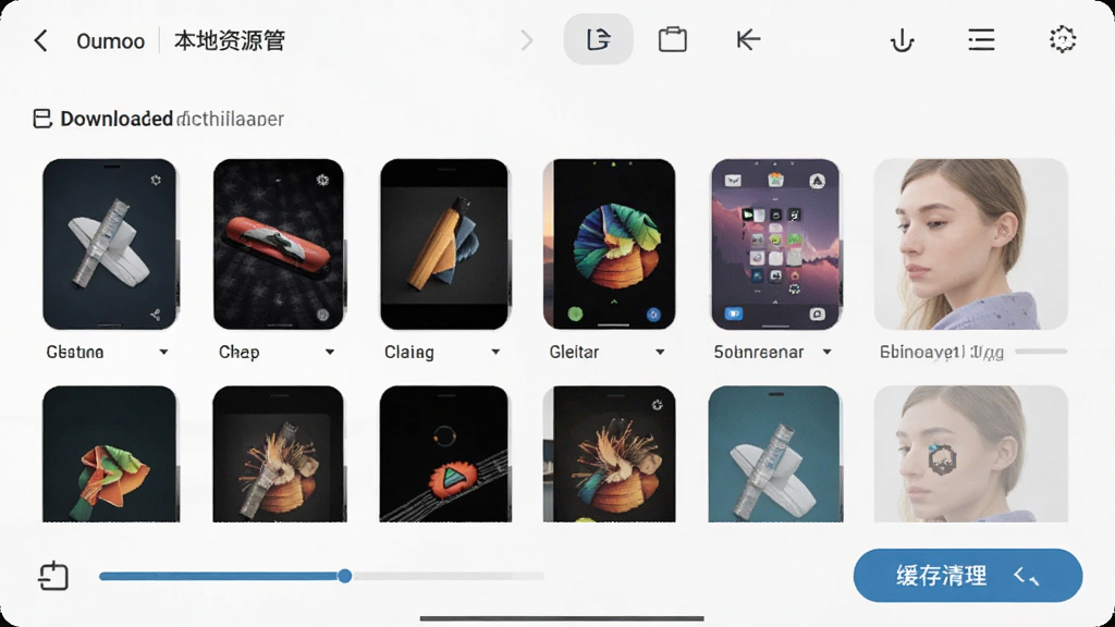 手机界面展示键盘壁纸应用中的本地资源管理页面,主体为已下载壁纸列表与存储占用提示,布局上下分区,排版简洁,风格素雅,细节上带有进度条与缓存清理按钮,画质高清,干净无多余元素