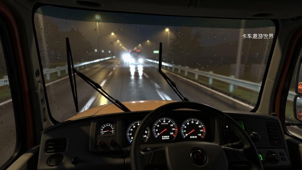 夜间雨雾天气下的卡车驾驶舱内视角,画面主体为仪表盘、方向盘与挡风玻璃外的湿滑公路,布局上前景为驾驶舱内饰、中景为雨滴覆盖的挡风玻璃、远景为模糊的对向来车灯光,风格写实游戏截图质感,细节包含雨刷器、仪表背光、路面反光,画质清晰,干净整洁,无多余元素,仪表盘旁标注小字