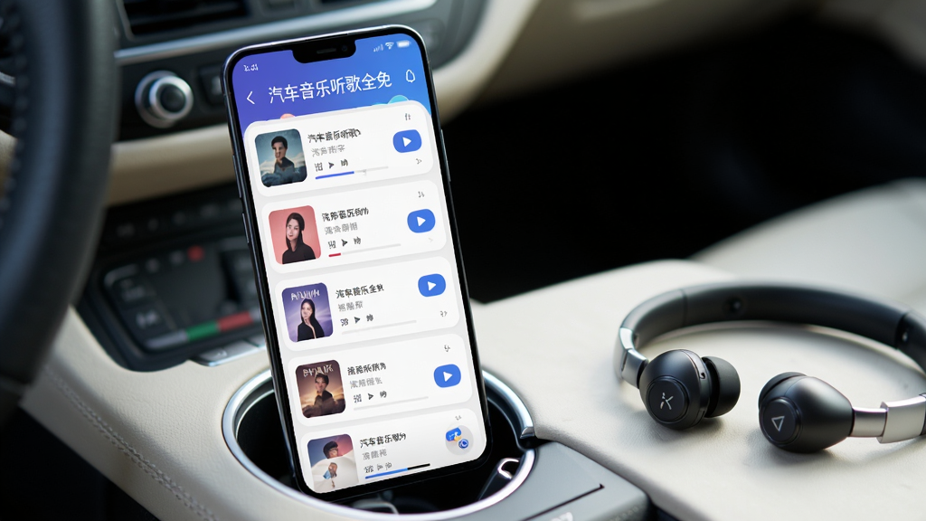 画面主体为一部竖屏安卓手机,屏幕显示“汽车音乐听歌全免”的音乐列表页面,列表中有多首歌曲条目与播放按钮,手机放置在汽车杯架旁,背景为虚化的车内环境,布局上手机位于画面中央偏左,右侧留白处放置一副车载耳机作为点缀,排版为竖版构图适合移动端展示,风格为清新明亮的数码产品展示风格,细节包括屏幕UI的圆角卡片、歌曲封面缩略图、播放进度条,画质清晰、色彩明快、干净无多余元素