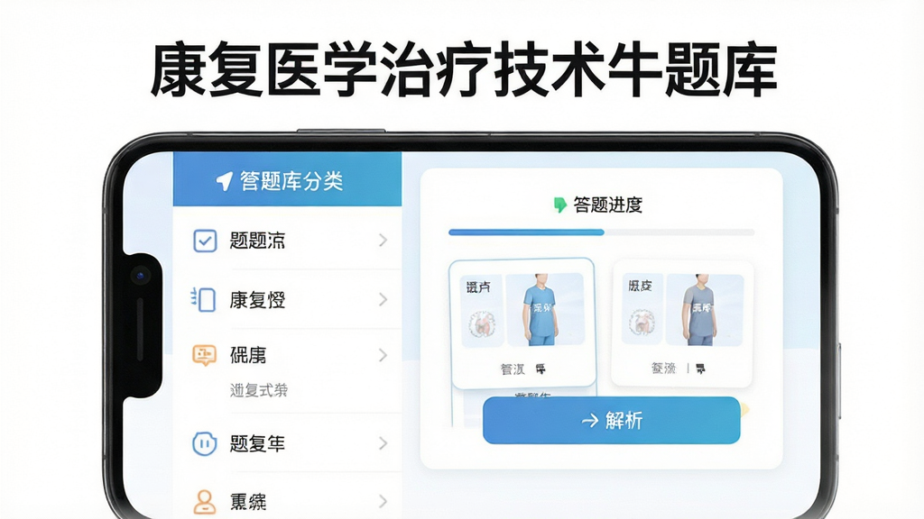 手机屏幕中央展示康复医学治疗技术牛题库应用界面,上方标题文字