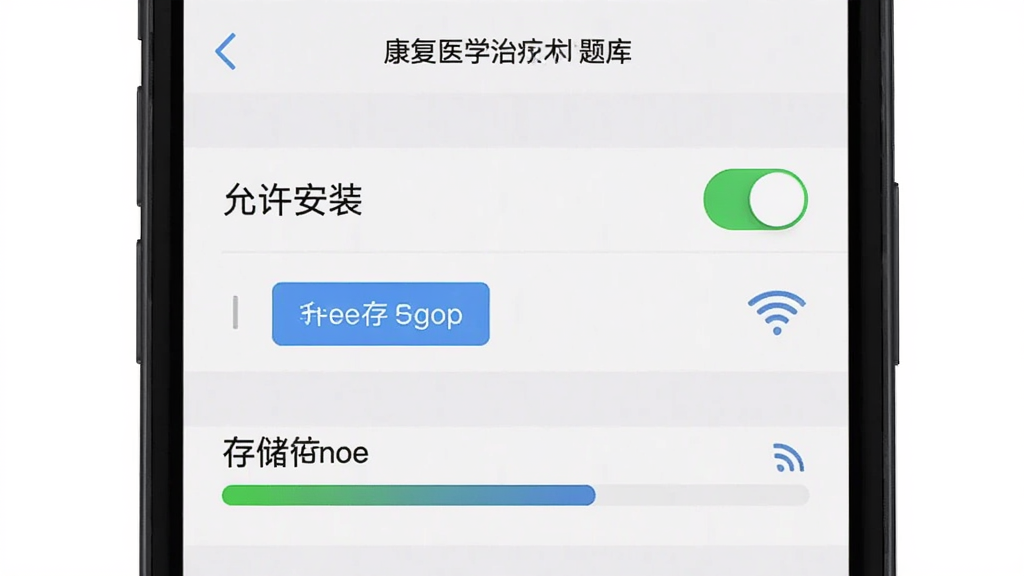 手机屏幕展示康复医学治疗技术牛题库设置页面,画面主体为权限开关列表和存储空间使用条,布局上下排列清晰,风格为简洁系统设置界面,细节包含