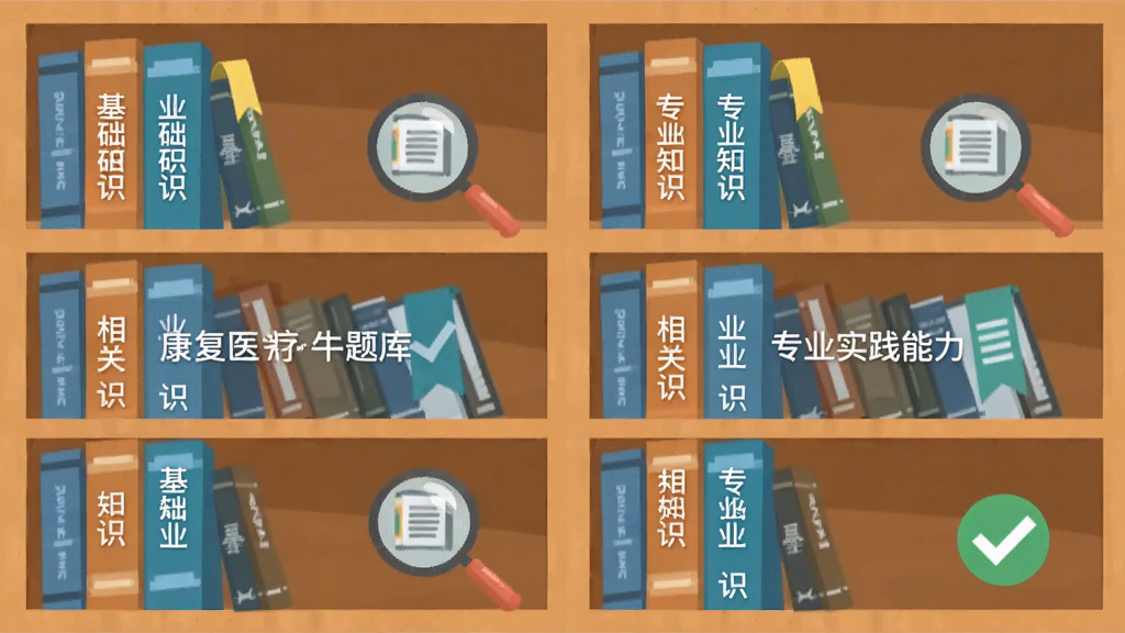 书架式界面展示康复医学治疗技术牛题库的题库分类,画面主体为多层书架排列着标注