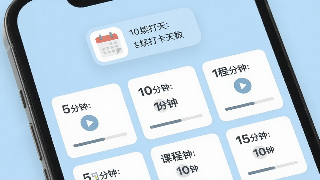 手机屏幕特写,界面显示多个时长标注为5分钟、10分钟、15分钟的课程卡片整齐排列,卡片上带有播放按钮与进度条,屏幕上方悬浮一个日历图标与连续打卡天数的数字标识,背景为柔和浅蓝色,扁平化设计风格,画面干净整洁,画质清晰,无多余元素