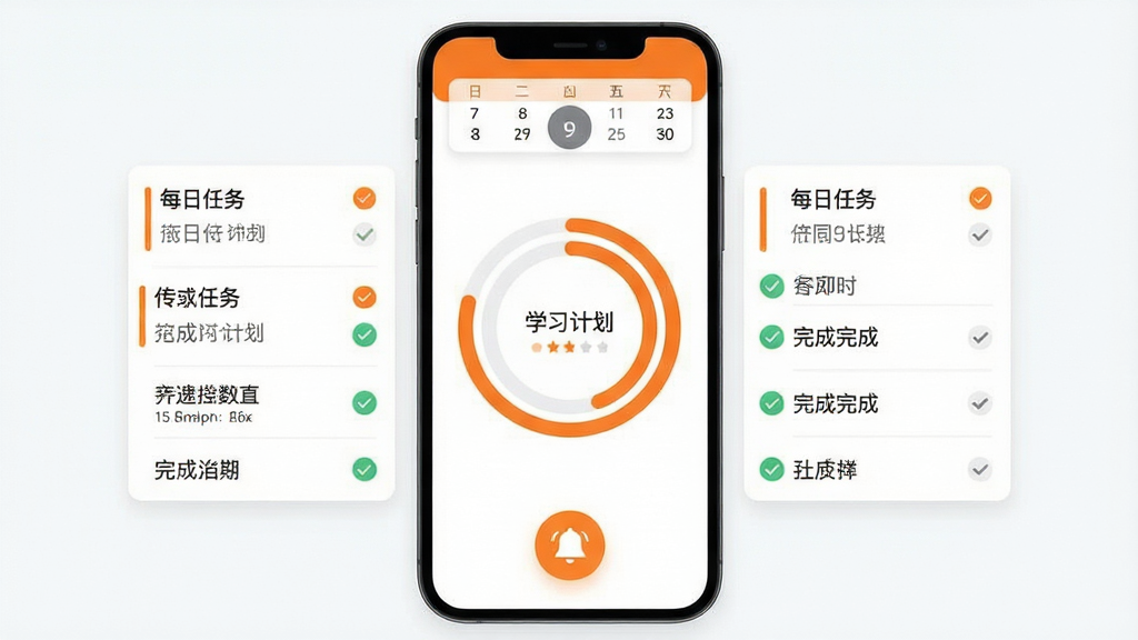 手机界面展示学习计划页面,页面中央是一个环形进度图,周围分布着每日任务列表与完成勾选标记,顶部有日历切换栏,底部悬浮一个铃铛形状的提醒图标,整体为扁平化卡片式设计,配色以橙白为主,风格简洁明快,画质清晰,画面干净,无多余元素