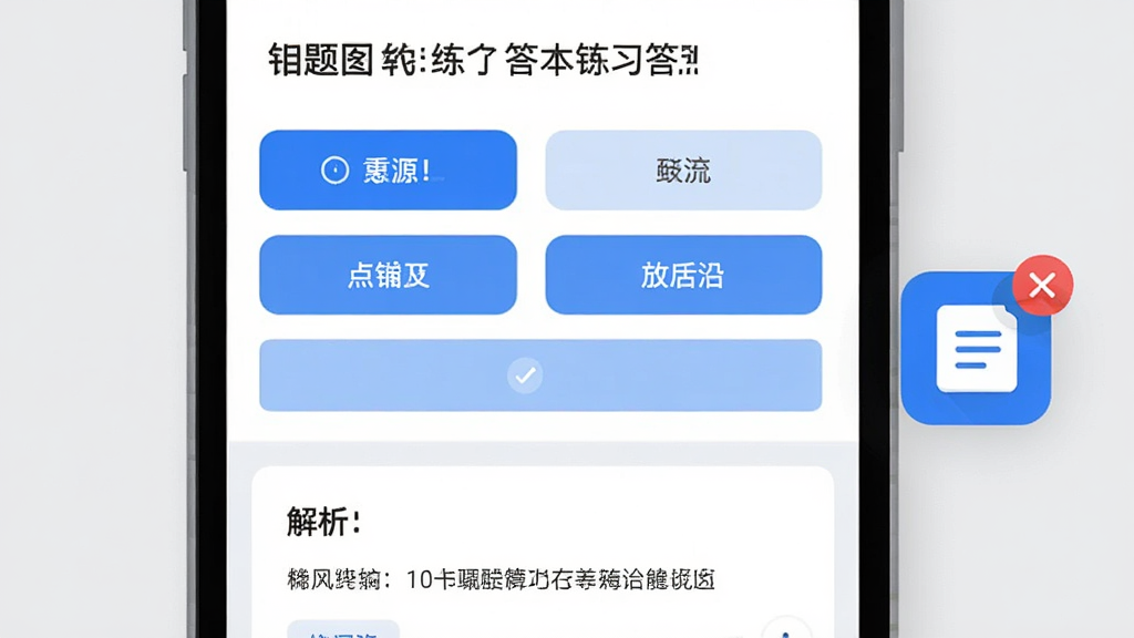 手机屏幕显示练习答题界面,上半部分为题目与选项按钮,下半部分为解析卡片,屏幕右侧悬浮一个带有红色标记的错题本图标,背景为浅灰色,扁平化设计风格,配色以蓝色与白色为主,布局清晰,画质高清,画面干净,无多余元素