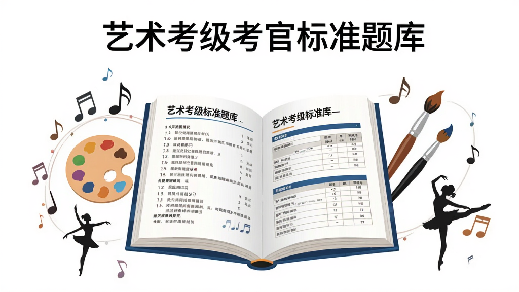 主体为一本打开的艺术考级标准题库书籍悬浮在画面中央,周围环绕音符、调色盘、画笔、舞蹈剪影等艺术元素,布局采用居中对称构图,上方留白放置艺术考级考官标准题库标题文字,排版整洁有序,风格为扁平化插画风,细节处书籍页面带有题目列表与评分表格纹理,画质高清干净,无多余元素