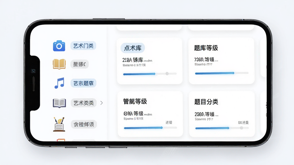 主体为手机屏幕展示艺术考级考官标准题库的分类列表界面,左侧为艺术门类图标栏,右侧为等级题目卡片,布局为左右分栏式移动端界面展示,风格为清爽科技风,细节处可见题库分类标签与进度条,画质清晰干净,无多余元素