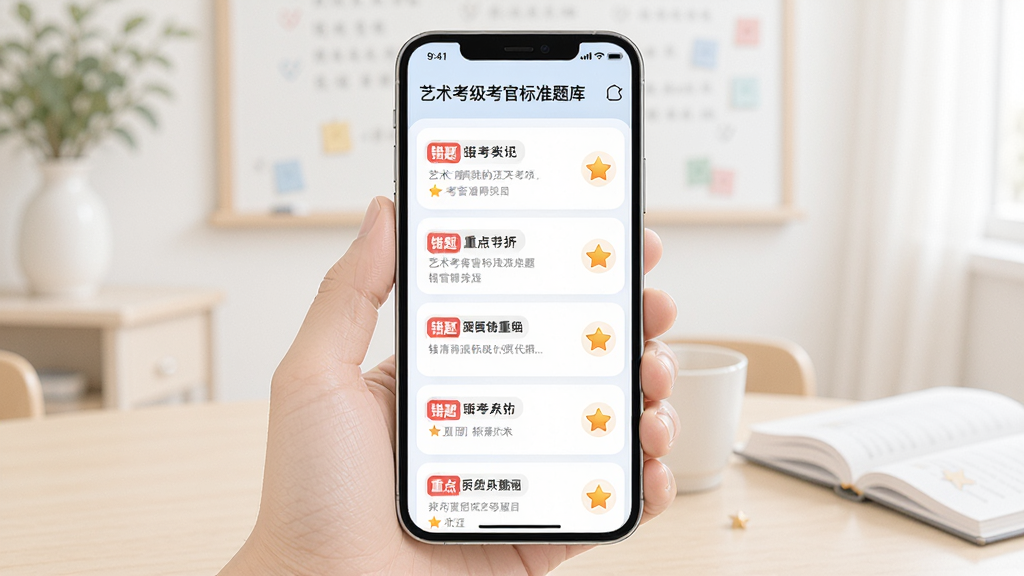 主体为艺术考级考官标准题库的错题回顾页面,手机屏幕中央显示错题列表与重点标记图标,布局为垂直列表式界面,风格为柔和浅色教育风,细节处可见红色错题标签与星标重点符号,画质高清干净,无多余元素
