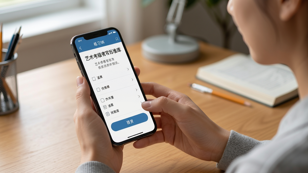 主体为手机屏幕展示艺术考级考官标准题库的练习界面,画面中一位用户手持手机在书桌前使用,布局为人物与手机界面结合的中景构图,风格为写实生活风,细节处可见手机屏幕上的题目与选项按钮,画质清晰干净,无多余元素