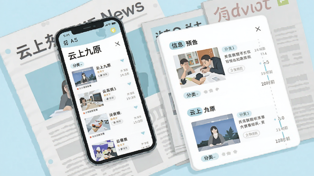 主体是一部平放的手机与几份报纸杂志组合,屏幕中呈现“云上九原”资讯列表页,布局为左侧手机右侧信息卡片,排版错落有致,风格为清新浅色调扁平插画,细节包含新闻缩略图、分类标签与时间轴,画质清晰,画面干净无多余元素