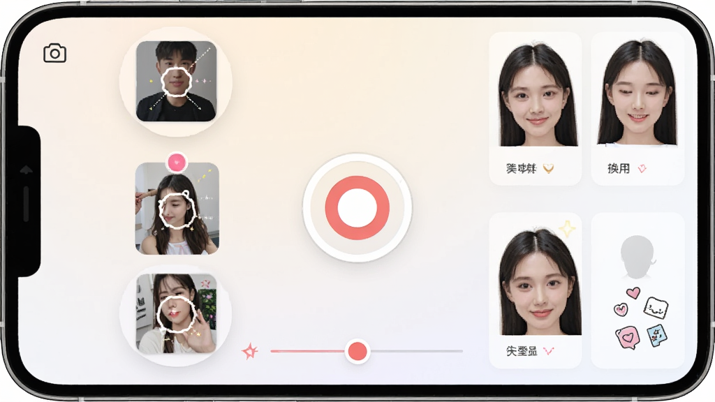 一张手机屏幕展示颜拍拍软件主界面的场景图,画面中央是圆形拍照按钮,四周环绕滤镜缩略图与换脸模板卡片,背景为浅色渐变,风格清新简约,细节包含相机图标、美颜滑杆与贴纸入口,画质清晰干净,无多余元素