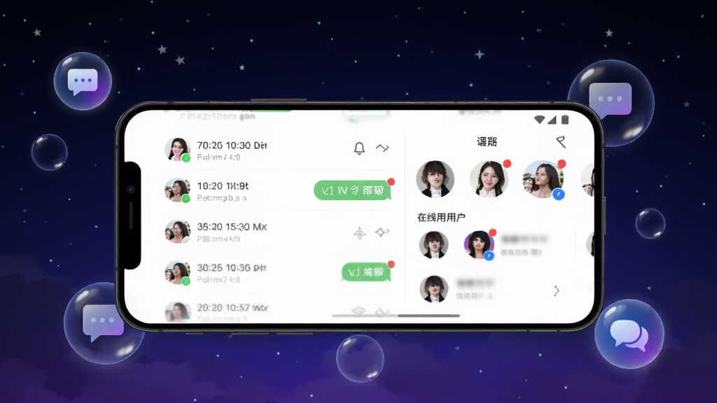 手机屏幕中央展示V夜聊应用界面,界面包含聊天列表与在线用户头像,背景为深色夜空渐变,周围环绕发光气泡与消息图标,整体布局简洁清晰,风格现代科技感,细节包含时间戳与未读红点,画质高清,干净无多余元素