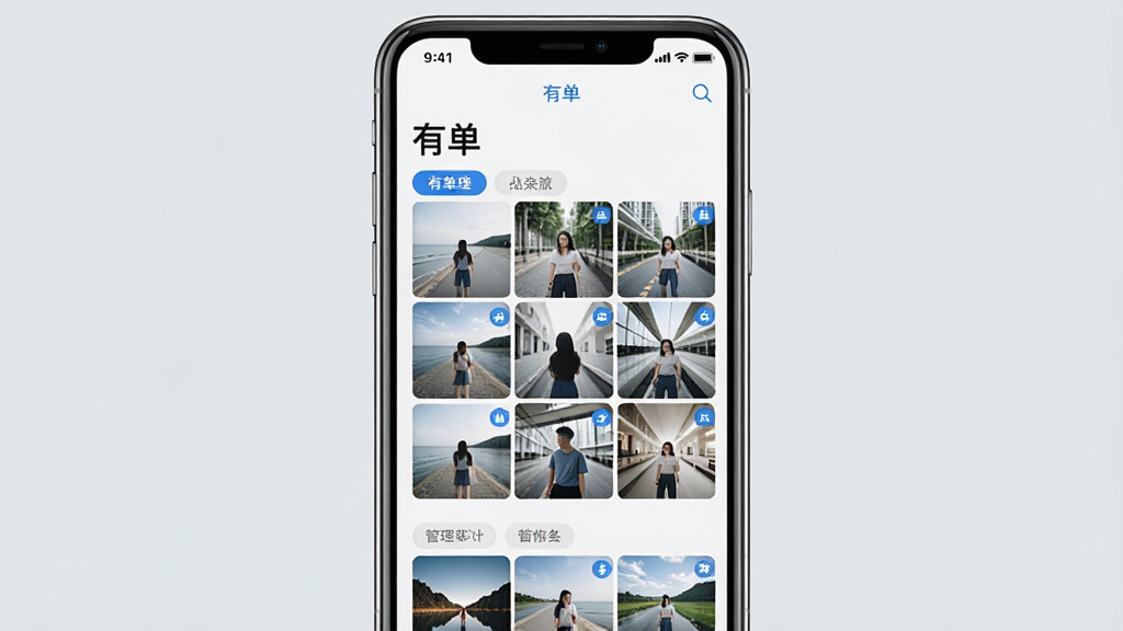一张手机屏幕正面展示图,画面中央是简洁的图片管理应用界面,顶部有