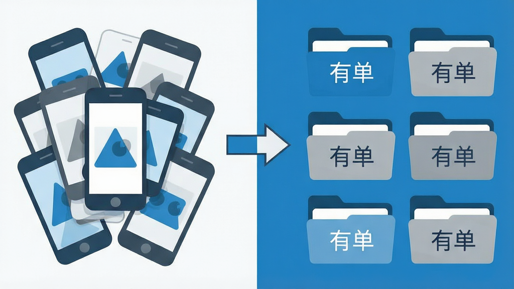 一张扁平化插画风格示意图,画面左侧是散乱堆叠的手机图片图标,右侧经过箭头引导变成整齐排列的分类文件夹,文件夹上标注