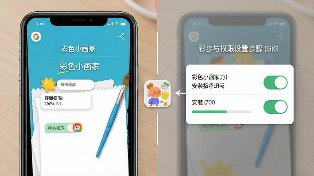 һ��չʾ�ƶ��˻滭Ӧ�ð�װ��Ȩ�����ò����ʾ��ͼ������Ϊ�ֻ���Ļ��д������Ϊ�ֲ�չʾ��װ������Ȩ�޿��أ������˵���磬ϸ�ڰ����洢Ȩ�޿��ء���װ�������롰��ɫС���ҡ�Ӧ��ͼ�꣬���������ɾ��������пɳ������֡���ɫС���ҡ�