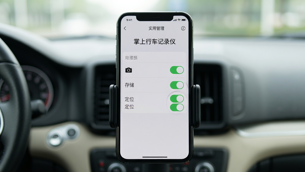 画面主体为一部智能手机放置在车载支架上,屏幕显示“掌上行车记录仪”的权限管理界面,界面中相机、存储、定位权限开关均处于开启状态;布局为手机居中,背景为车内驾驶舱虚化场景;风格为实用教程风,光线柔和,重点突出权限开关状态;画质清晰,画面干净,无多余元素