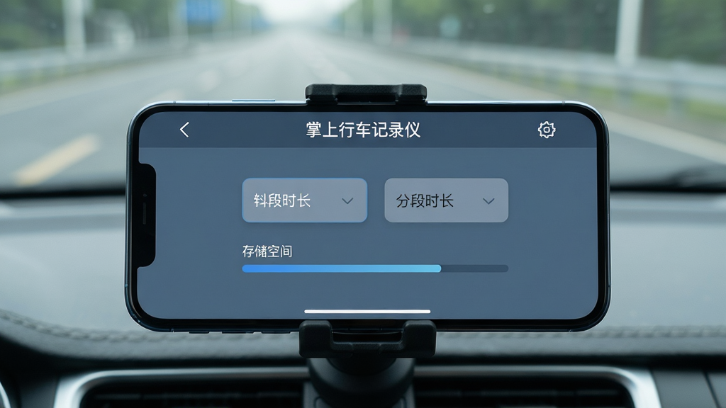 画面主体为一部智能手机横向固定在车载支架上,屏幕显示“掌上行车记录仪”的循环录像设置界面,界面中可见分段时长选项与存储空间进度条;布局为手机居中特写,背景为虚化的汽车前挡风玻璃与道路;风格为简洁产品展示风,色彩以蓝灰为主,突出界面信息层级;细节清晰,画质干净,无多余元素