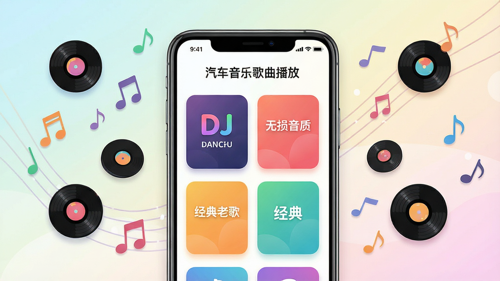 一幅横版应用展示图,画面中央是一部智能手机,屏幕显示“汽车音乐歌曲播放”的分类歌单页面,页面中排列着DJ舞曲、无损音质、经典老歌等彩色卡片,手机周围漂浮着音符和唱片图标,布局为手机居中、左右对称点缀音乐元素,排版清晰有层次,风格为清新明亮的扁平插画风格,细节包括柔和渐变背景、圆角卡片、细腻阴影,画质高清,画面干净,无多余元素