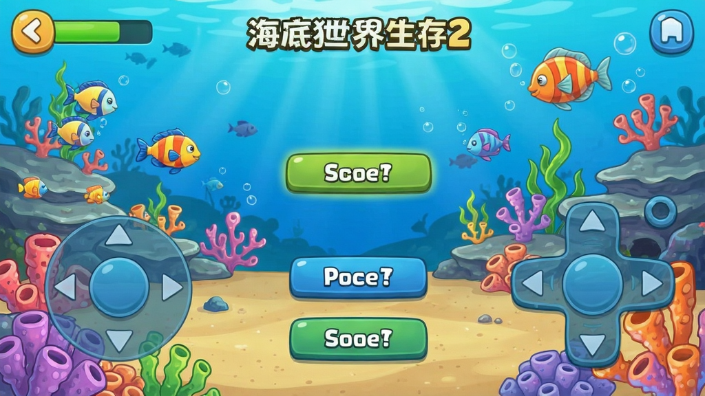 海底世界生存2新手教程界面截图,卡通风格海底场景中显示操作提示按钮和方向摇杆,布局为手机横屏游戏画面,细节清晰,画质高清,干净无多余元素
