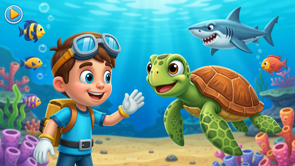 海底世界生存2海洋生物互动画面,玩家角色与一只友好的海龟互动,背景中有鲨鱼游弋,卡通风格海底场景,布局为游戏截图视角,细节生动,画质高清,干净无多余元素