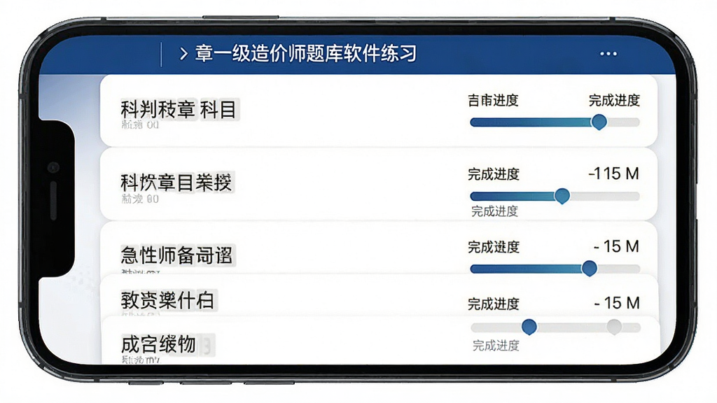 一级造价师题库软件章节练习界面,画面展示手机屏幕内按科目分类的章节列表,每章右侧显示题目数量与完成进度条,界面配色为白色底配深蓝标题栏,风格简洁商务,高清画质,干净无多余元素