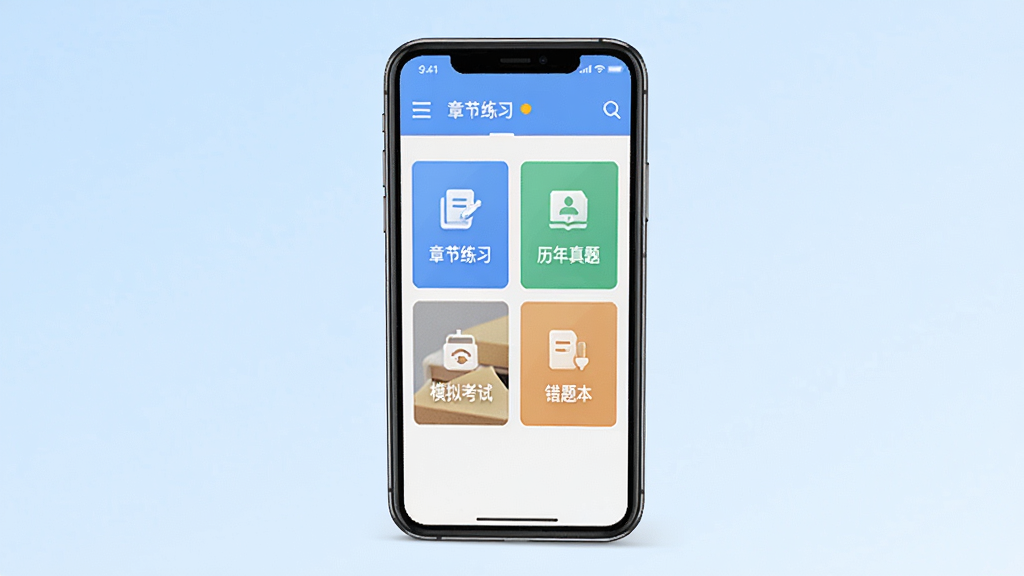 一级造价师题库软件手机端主界面展示,画面中央是一部竖屏智能手机,屏幕内显示题库软件首页,包含章节练习、历年真题、模拟考试、错题本四个功能入口卡片,背景为浅蓝色渐变,整体风格清爽简洁,画面干净,高清画质,无多余元素